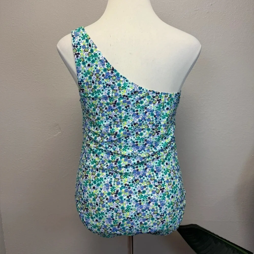 J. Crew Blue Floral One Shoulder Ruched One Piece - Size 2X